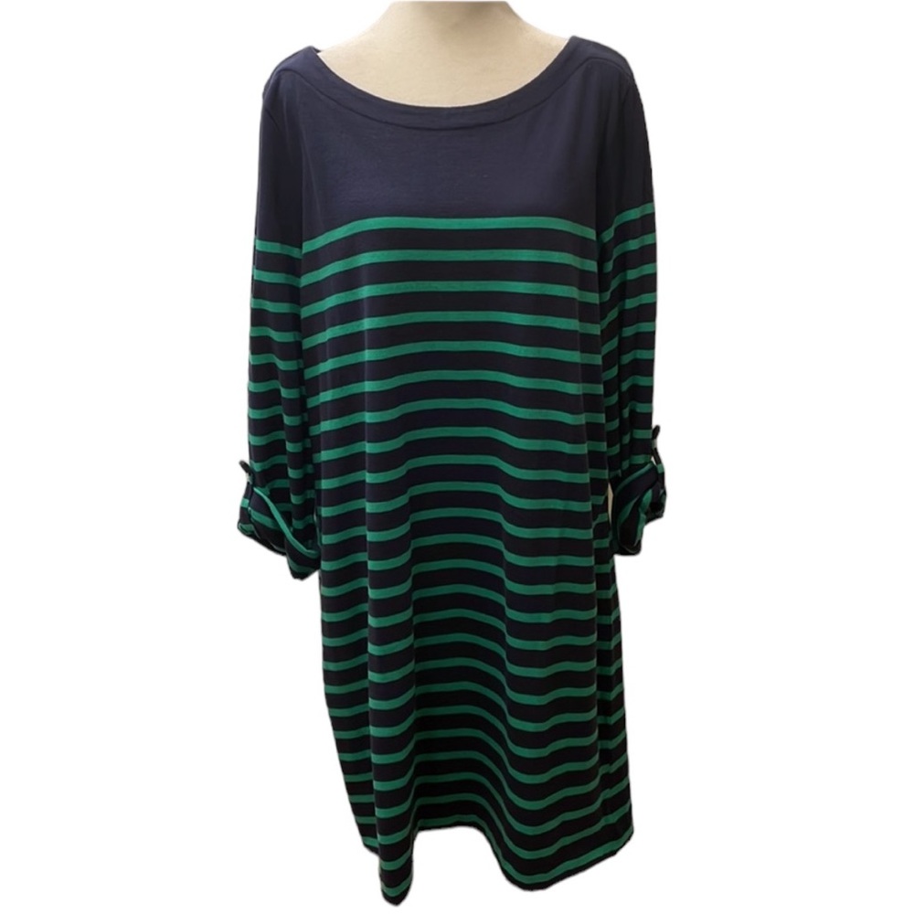 Gap Navy/Green striped knit dress with tabbed sleeves. Size L. NWT